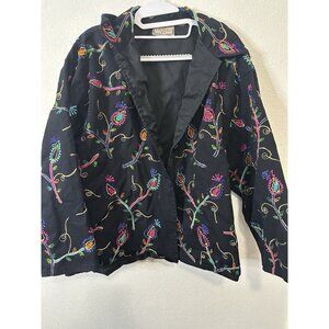 Vintage Life Style Plus Black Multicolored Embroidered Floral Jacket Size XL